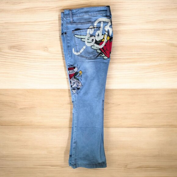 NEW ED HARDY ( 32/12 ) Love Kills Slowly Retro Light Blue Fit & Flare Leg Jeans - Picture 3 of 9